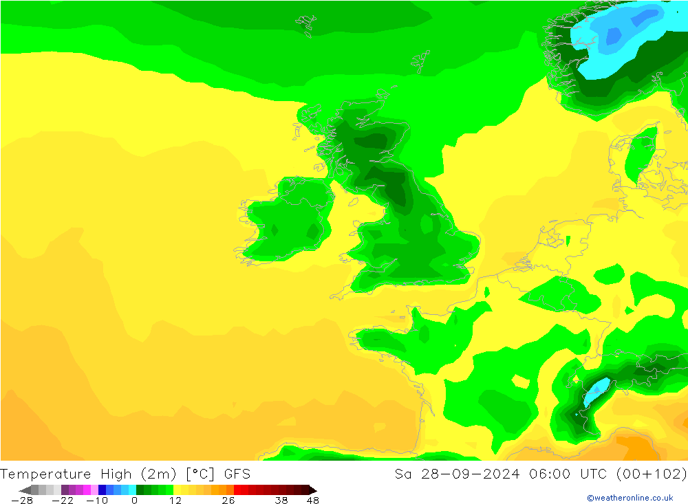 Nejvyšší teplota (2m) GFS So 28.09.2024 06 UTC