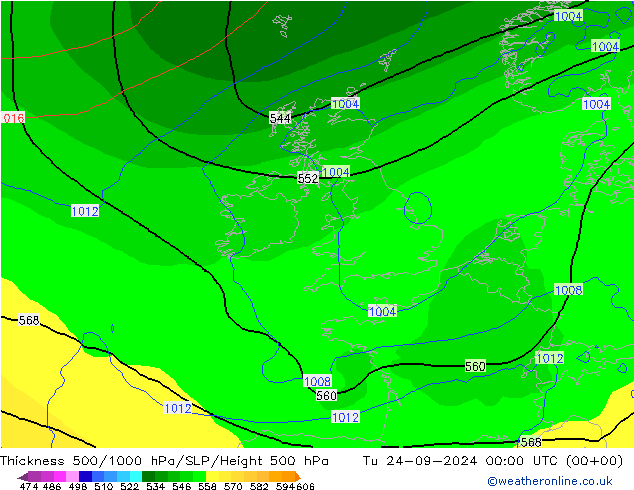 Espesor 500-1000 hPa GFS mar 24.09.2024 00 UTC