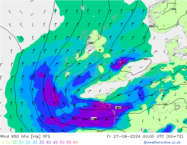 Wind 950 hPa GFS Fr 27.09.2024 00 UTC