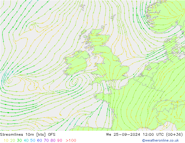 Linia prądu 10m GFS śro. 25.09.2024 12 UTC