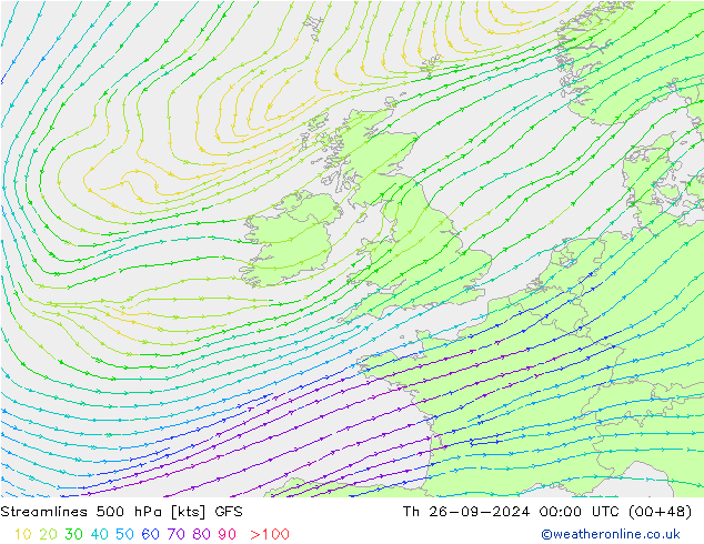 Ligne de courant 500 hPa GFS jeu 26.09.2024 00 UTC