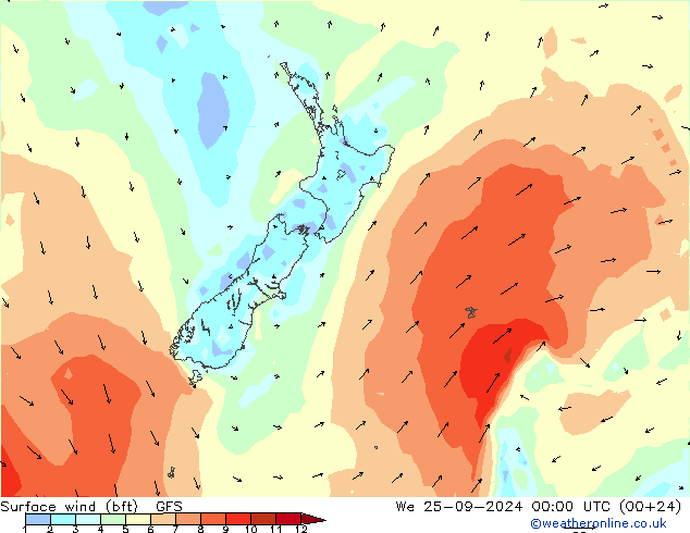 wiatr 10 m (bft) GFS śro. 25.09.2024 00 UTC