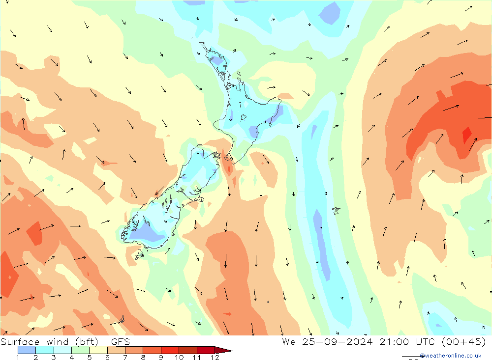 Surface wind (bft) GFS We 25.09.2024 21 UTC