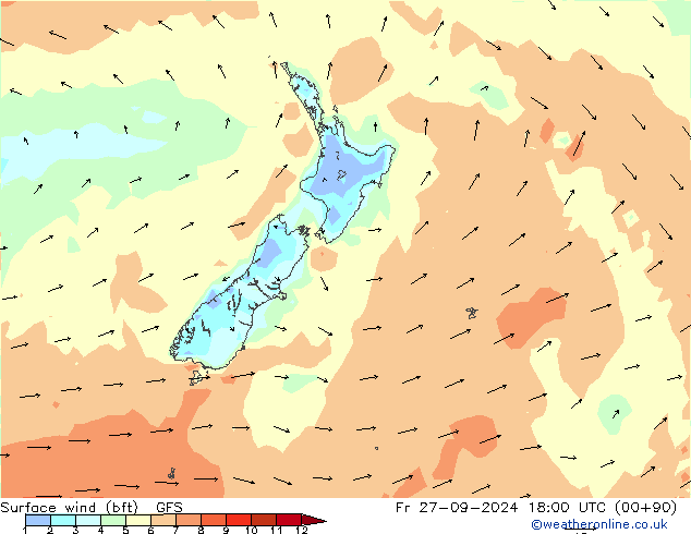 wiatr 10 m (bft) GFS pt. 27.09.2024 18 UTC