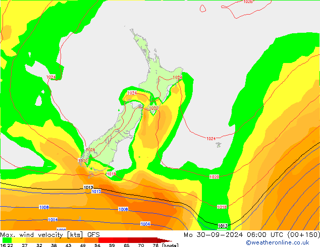 Max. wind velocity GFS lun 30.09.2024 06 UTC