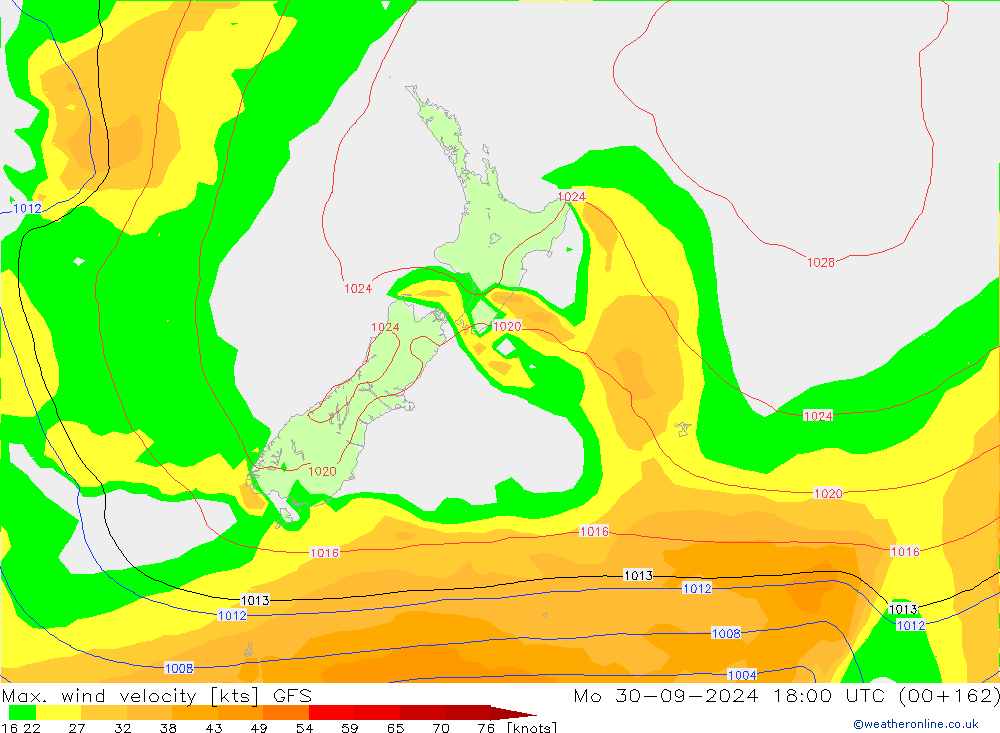 Max. wind velocity GFS lun 30.09.2024 18 UTC