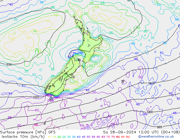 Isotachs (kph) GFS So 28.09.2024 12 UTC