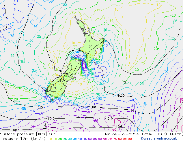 Isotachs (kph) GFS Po 30.09.2024 12 UTC