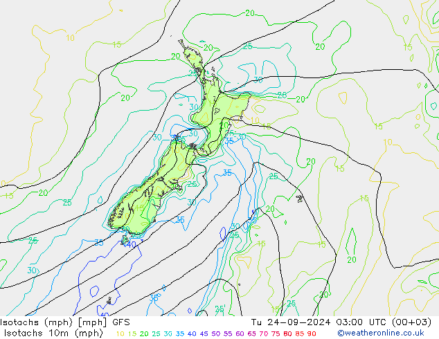 Isotachs (mph) GFS mar 24.09.2024 03 UTC