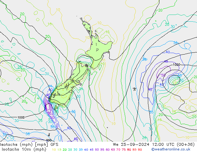 Eşrüzgar Hızları mph GFS Çar 25.09.2024 12 UTC