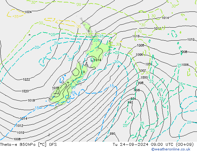 Theta-e 850hPa GFS Ter 24.09.2024 09 UTC