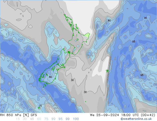 RH 850 hPa GFS Qua 25.09.2024 18 UTC