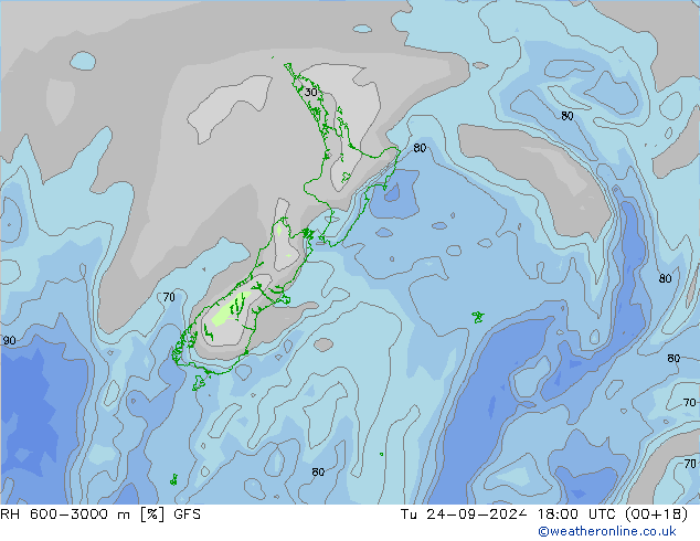 Humedad rel. 600-3000m GFS mar 24.09.2024 18 UTC