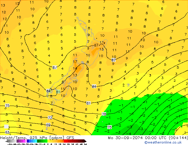 Height/Temp. 925 hPa GFS Mo 30.09.2024 00 UTC