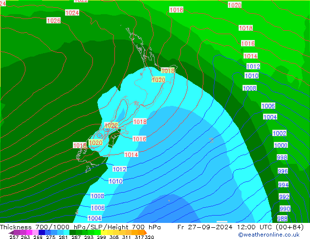 700-1000 hPa Kalınlığı GFS Cu 27.09.2024 12 UTC