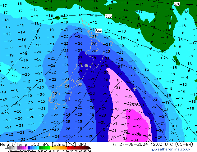 Z500/Rain (+SLP)/Z850 GFS Fr 27.09.2024 12 UTC