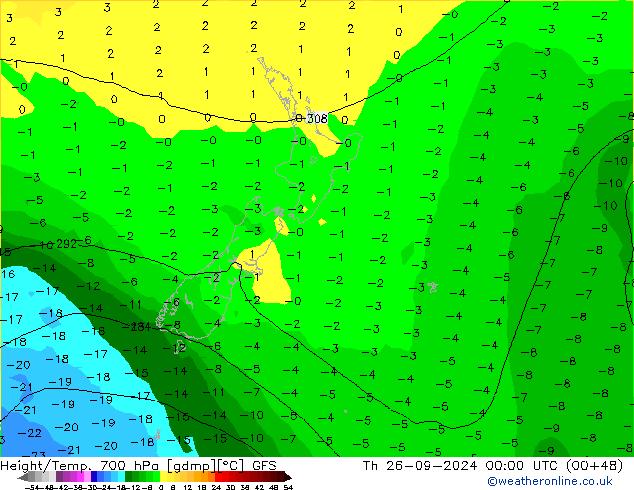 Height/Temp. 700 hPa GFS gio 26.09.2024 00 UTC