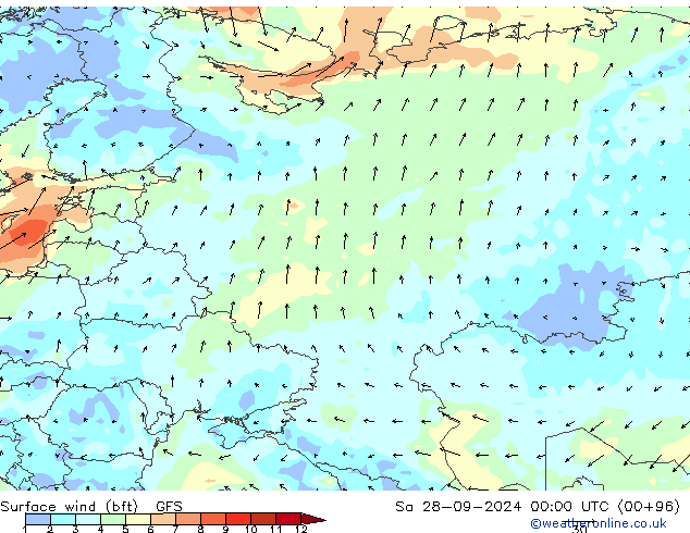 Vent 10 m (bft) GFS sam 28.09.2024 00 UTC