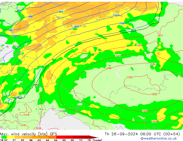 Max. wind velocity GFS чт 26.09.2024 06 UTC