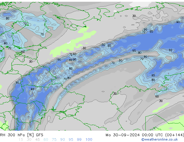 RH 300 hPa GFS pon. 30.09.2024 00 UTC