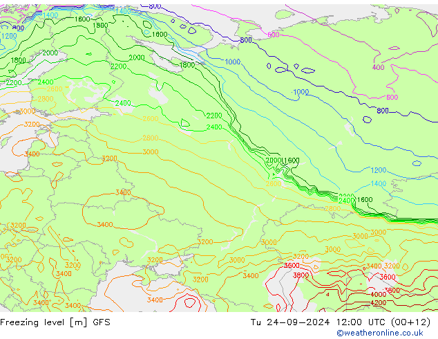 Freezing level GFS Út 24.09.2024 12 UTC