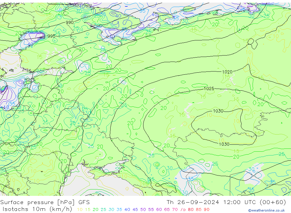 Isotachs (kph) GFS Th 26.09.2024 12 UTC