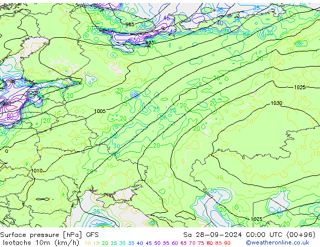 Isotachs (kph) GFS сб 28.09.2024 00 UTC