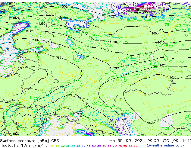 Isotachen (km/h) GFS ma 30.09.2024 00 UTC