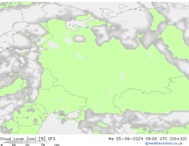 Cloud cover (low) GFS We 25.09.2024 09 UTC