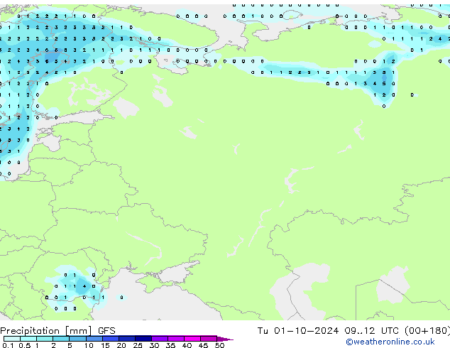 Srážky GFS Út 01.10.2024 12 UTC