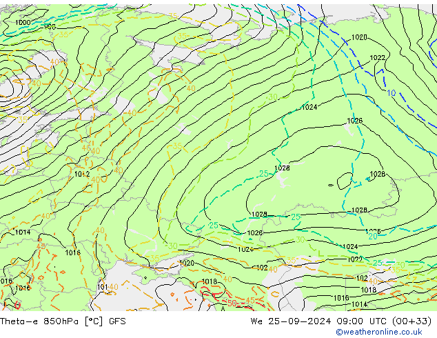 Theta-e 850hPa GFS mer 25.09.2024 09 UTC