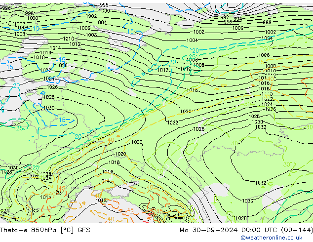 Theta-e 850hPa GFS Mo 30.09.2024 00 UTC