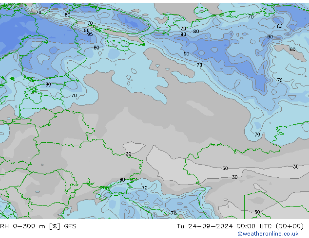 RH 0-300 m GFS Út 24.09.2024 00 UTC