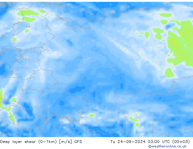 Deep layer shear (0-1km) GFS Tu 24.09.2024 03 UTC