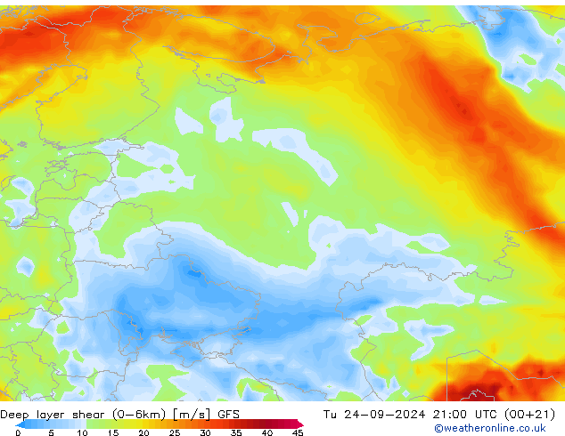 Deep layer shear (0-6km) GFS mar 24.09.2024 21 UTC