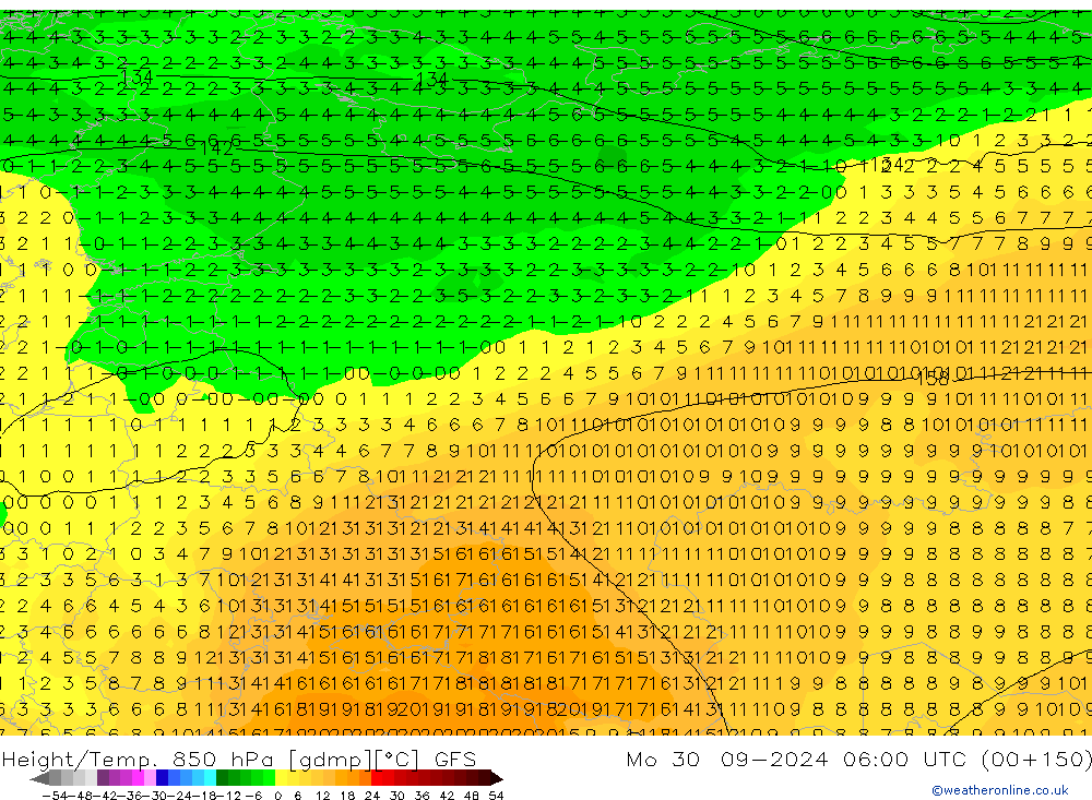 Geop./Temp. 850 hPa GFS lun 30.09.2024 06 UTC