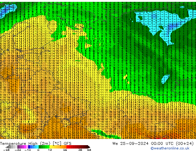 température 2m max GFS mer 25.09.2024 00 UTC