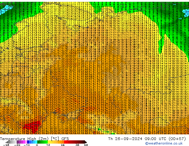 Max.temperatuur (2m) GFS do 26.09.2024 09 UTC