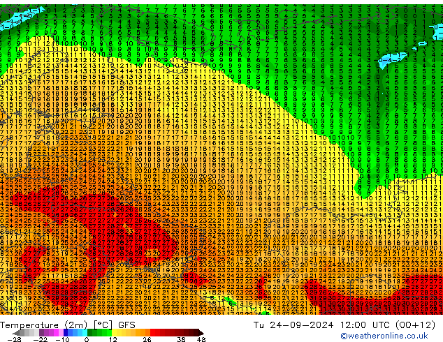 Temperature (2m) GFS Út 24.09.2024 12 UTC