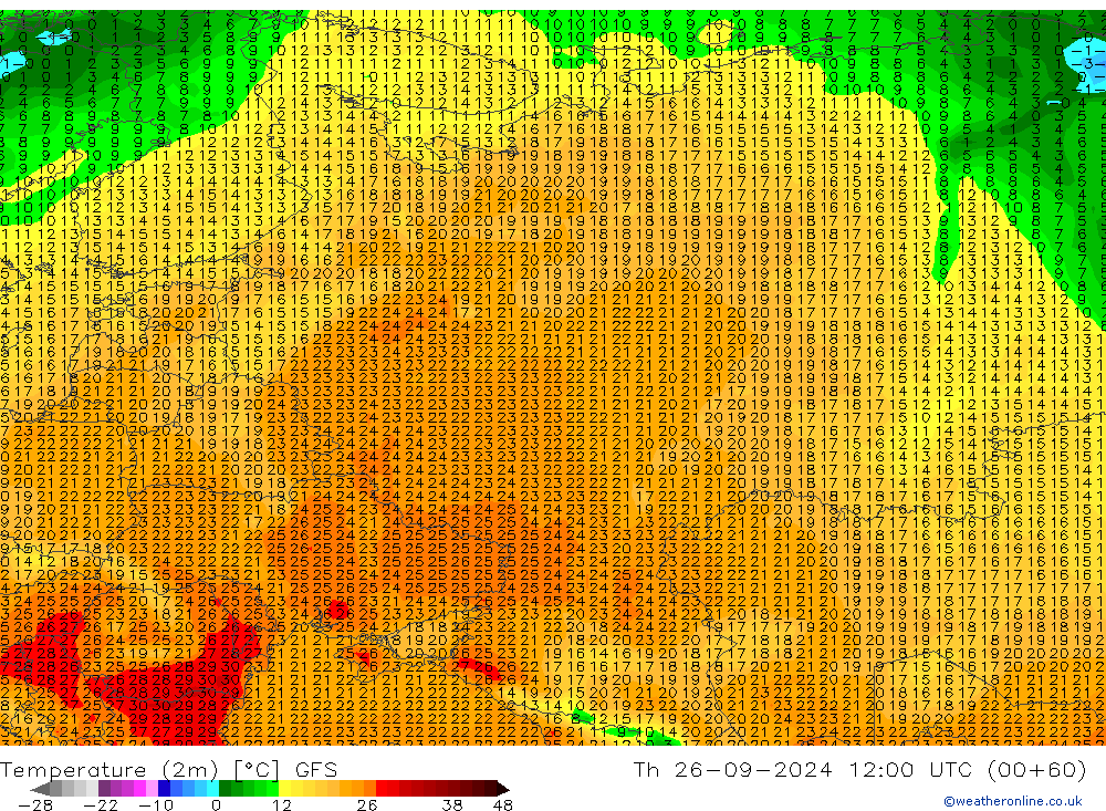 Temperature (2m) GFS Th 26.09.2024 12 UTC