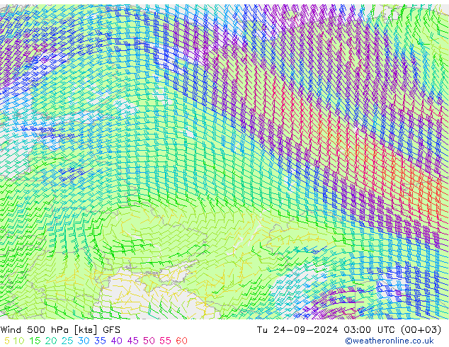 Wind 500 hPa GFS Út 24.09.2024 03 UTC