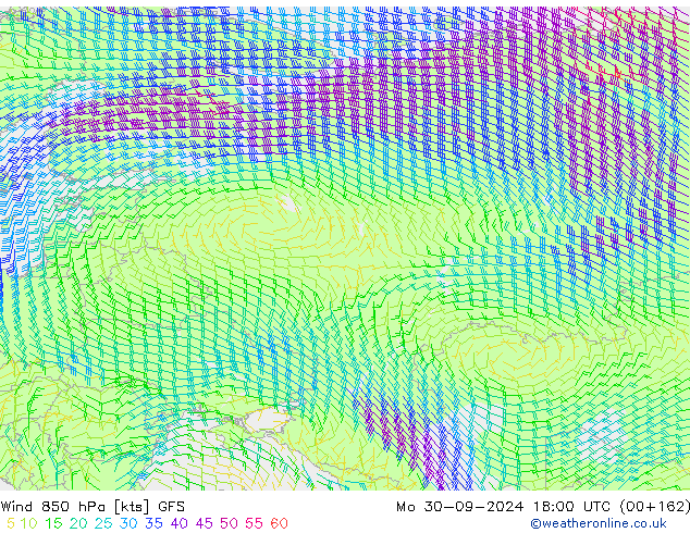 wiatr 850 hPa GFS pon. 30.09.2024 18 UTC