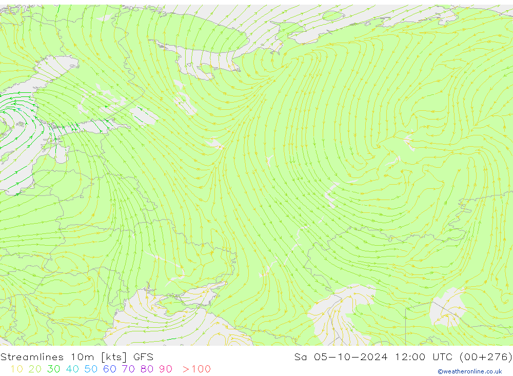 Streamlines 10m GFS Sa 05.10.2024 12 UTC