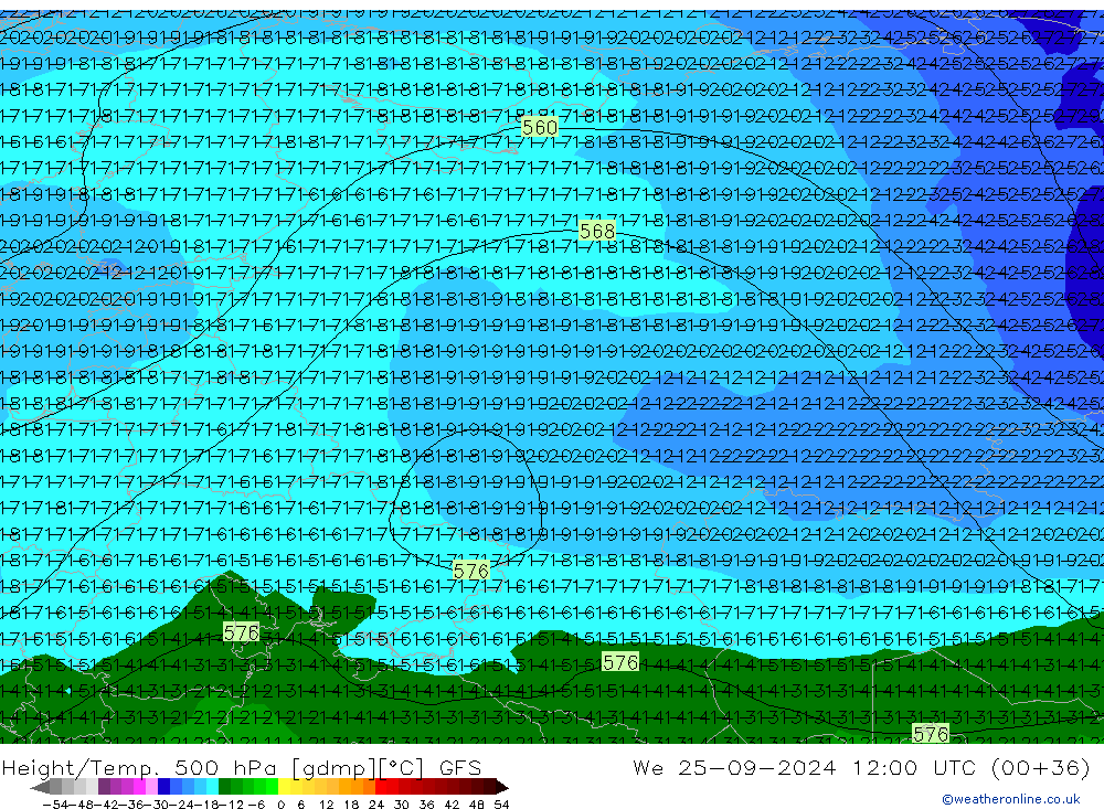 Z500/Rain (+SLP)/Z850 GFS Qua 25.09.2024 12 UTC