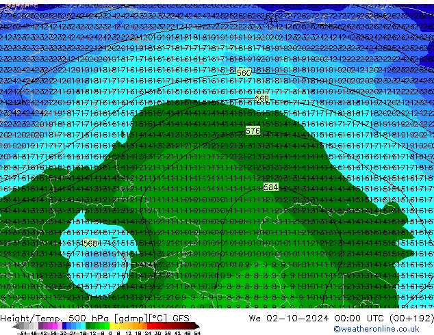 Z500/Rain (+SLP)/Z850 GFS We 02.10.2024 00 UTC