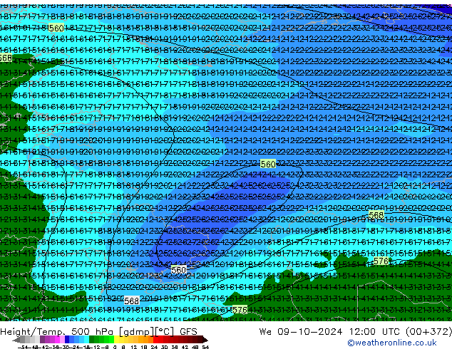 Z500/Rain (+SLP)/Z850 GFS We 09.10.2024 12 UTC