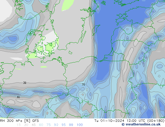 RH 300 hPa GFS Út 01.10.2024 12 UTC