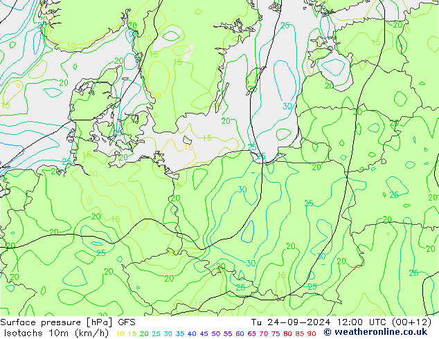 Isotachs (kph) GFS  24.09.2024 12 UTC