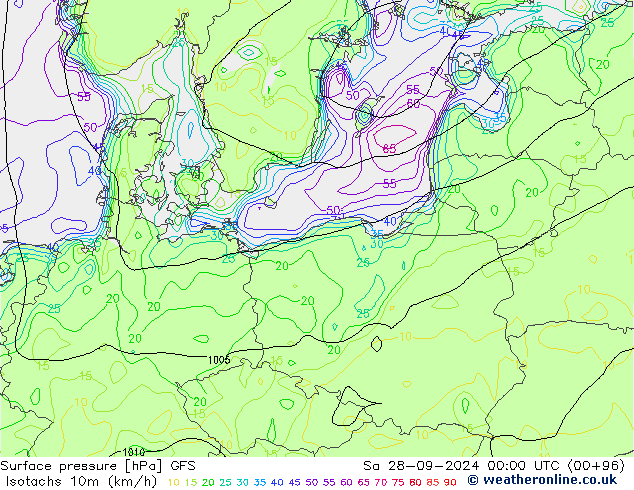 Isotachs (kph) GFS sab 28.09.2024 00 UTC