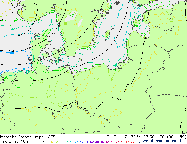 Isotachen (mph) GFS di 01.10.2024 12 UTC